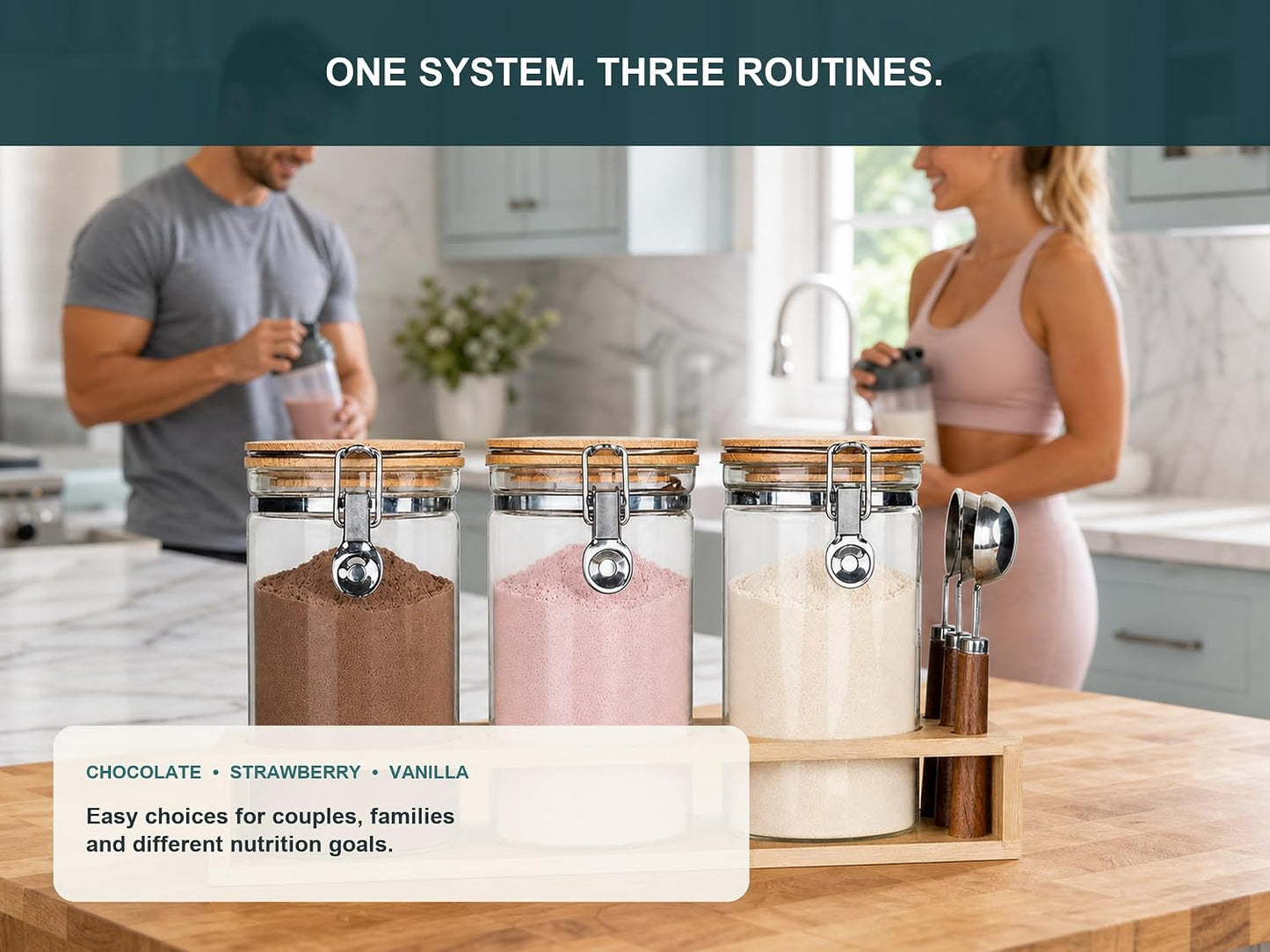 Glass Protein Powder Container Set, 40oz (1200ml) Airtight Collagen Storage Jars with Bamboo Lids &amp; 1 TBSP Measuring Spoons (3 Pack) - Wide Mouth Aesthetic Countertop Dispenser Organizer for Kitchen