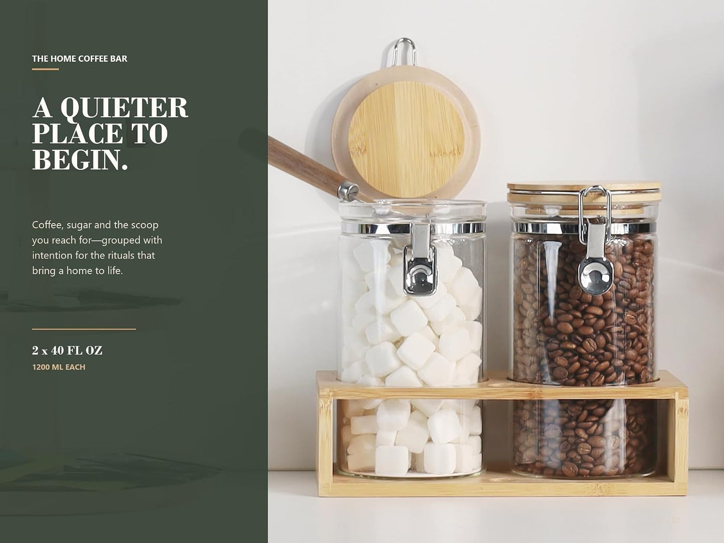 KKC HOME ACCENTS Glass Canister Set Airtight Clamp Jar with Scoop Rack 40oz | Airtight glass food jars with metal locking clamp, wooden handle scoop, and bamboo rack for counter organization.