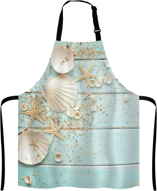 Ocean Beach Funny Apron for Women and Men, Wooden Seashell Adjustable Kitchen Chef Apron for Cooking Baking - Cute Birthday,