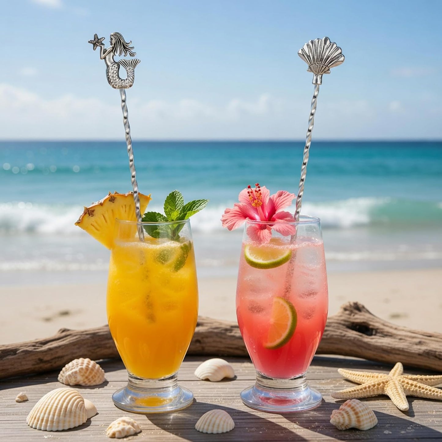 Homestia 12 Inch Bar Spoon, 2 Pcs Cocktail Spoon wIth Mermaid Shell Decor | Dirty Soda Bar Supplies, Stainless Steel Coffee Bar Use, Mixing &amp; Layering Drink Stirrer, Long Spoon for Bartending Stirring