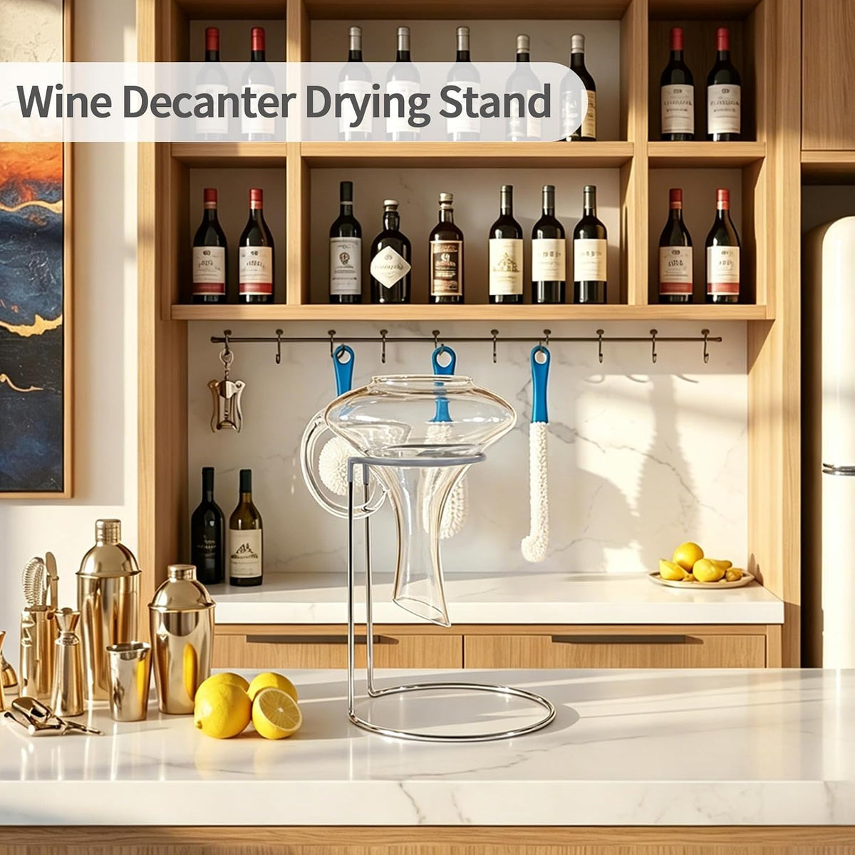 Wine Decanter Drying Stand with Rubber Coated Top to Prevent Scratches, Wine-Decanter Drying Rack for Standard Large Wine Decanters, Decanter Cleaner Includes Cleaning Brush &amp; Decanter Cleaning Beads