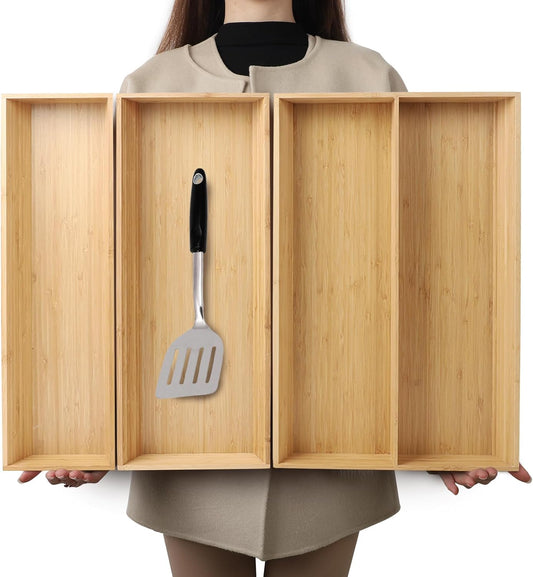V-Shaped Bamboo Drawer Organizer Set of 3, Kitchen Large and Long Utensil Plate, Flatware & Silverware Storage Box, Wood