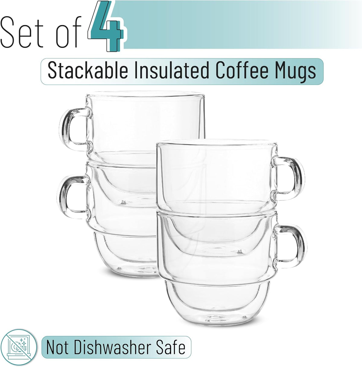 BTaT- Stackable Insulated Coffee Mugs, 4 Pack, 8 oz(240 ml), Stackable Glass Mugs, Double Wall Glass Coffee Cups, Tea Cups