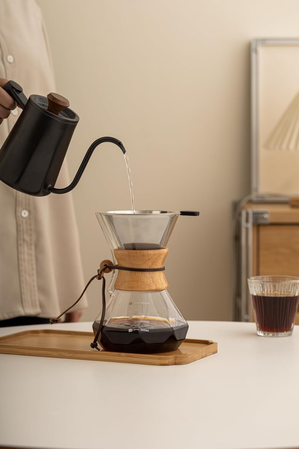 Pour Over Coffee Maker With Wood Sleeve，13.5oz/400mlPour Over Coffee Dripper,Pour Over Coffee Maker Set With Cork Stopper (13.5oz/400ml)