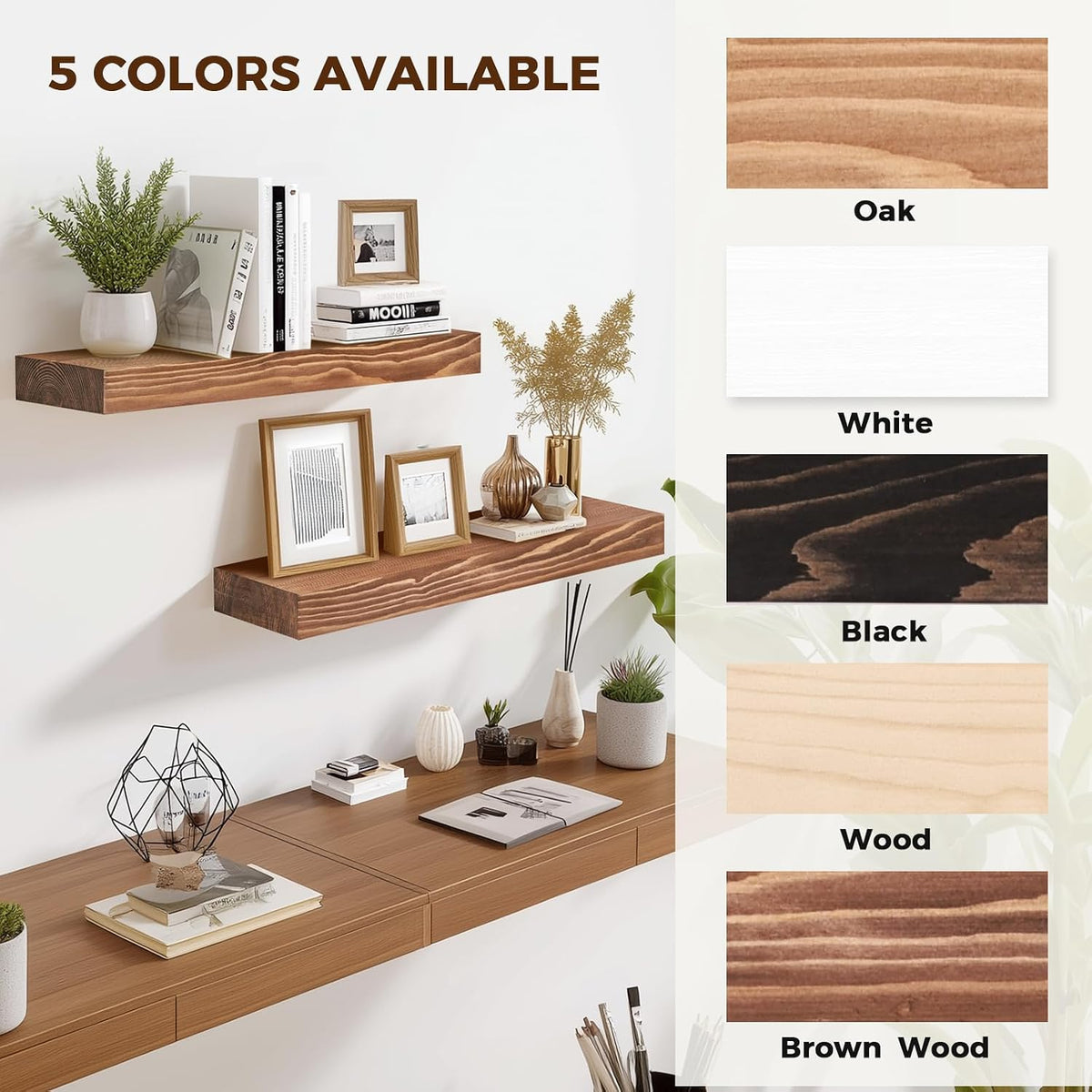 Solid Wood Floating Shelves, 17 Inch Wall Shelves, Set of 2, Brown