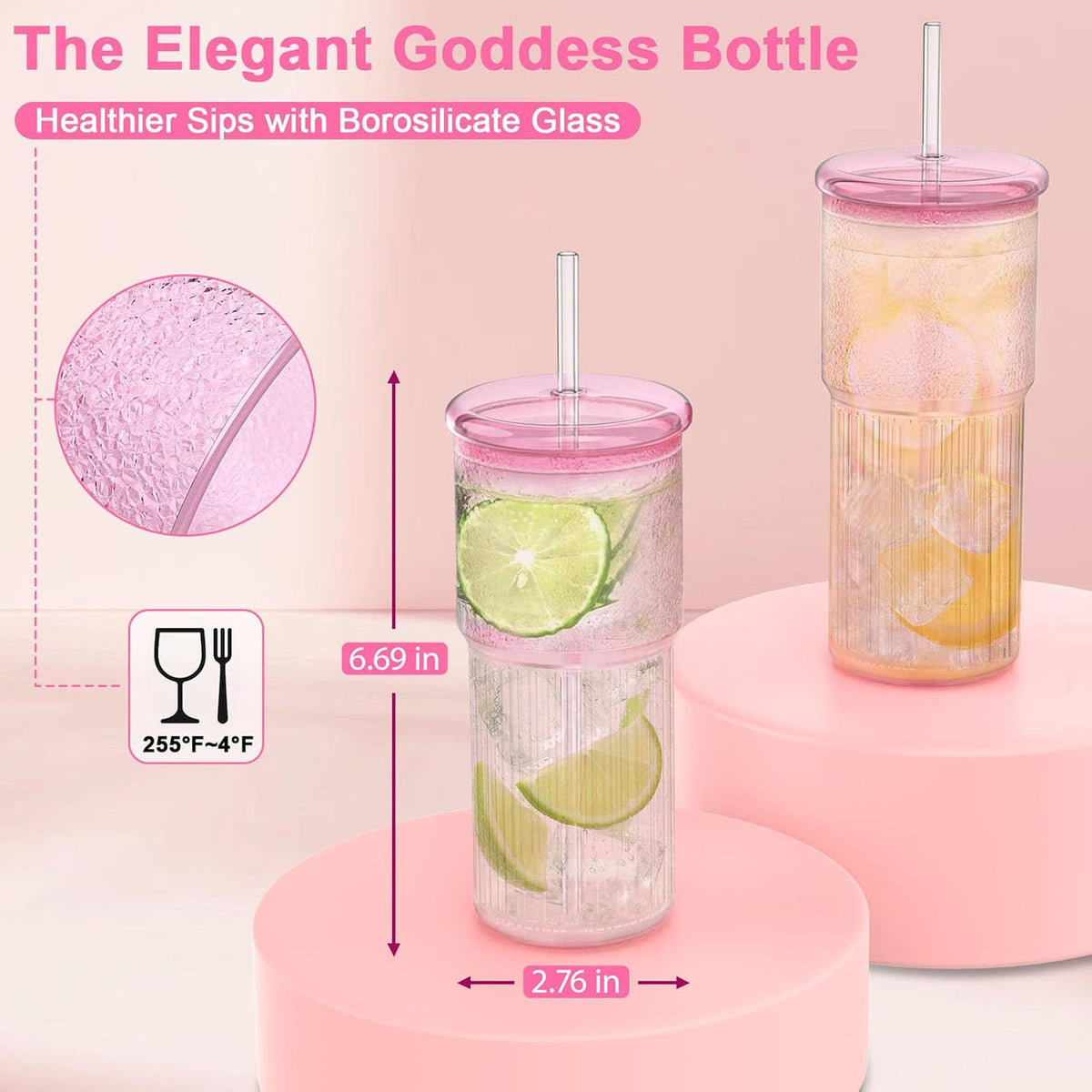 Luiaiog Glass Cups with Lids and Glass Straws, High Borosilicate 20OZ Pink Tumblers (2Pcs) for Coffee, Tea, Juice, Smoothies, Hot &amp; Cold Drinks at Home/Office