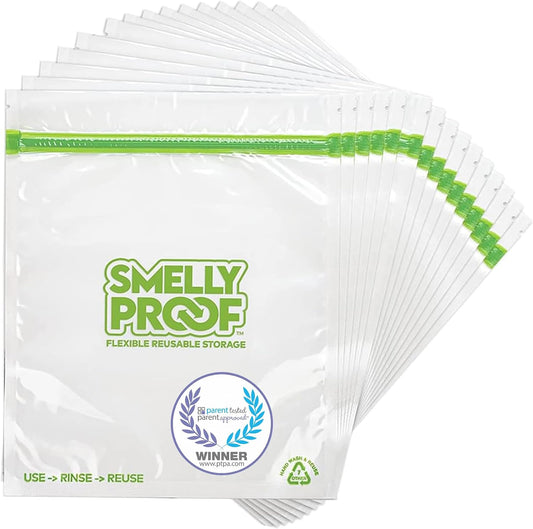Smelly Proof Reusable Food Storage Bags Designed & MFG, USA MADE, Dishwasher-Safe, Easy-To-Clean, BPA FREE, NO PEVA, Clear FLAT Large 3-mil Thick, 8.5" x 10", Quart Size Bags, 10-Pack