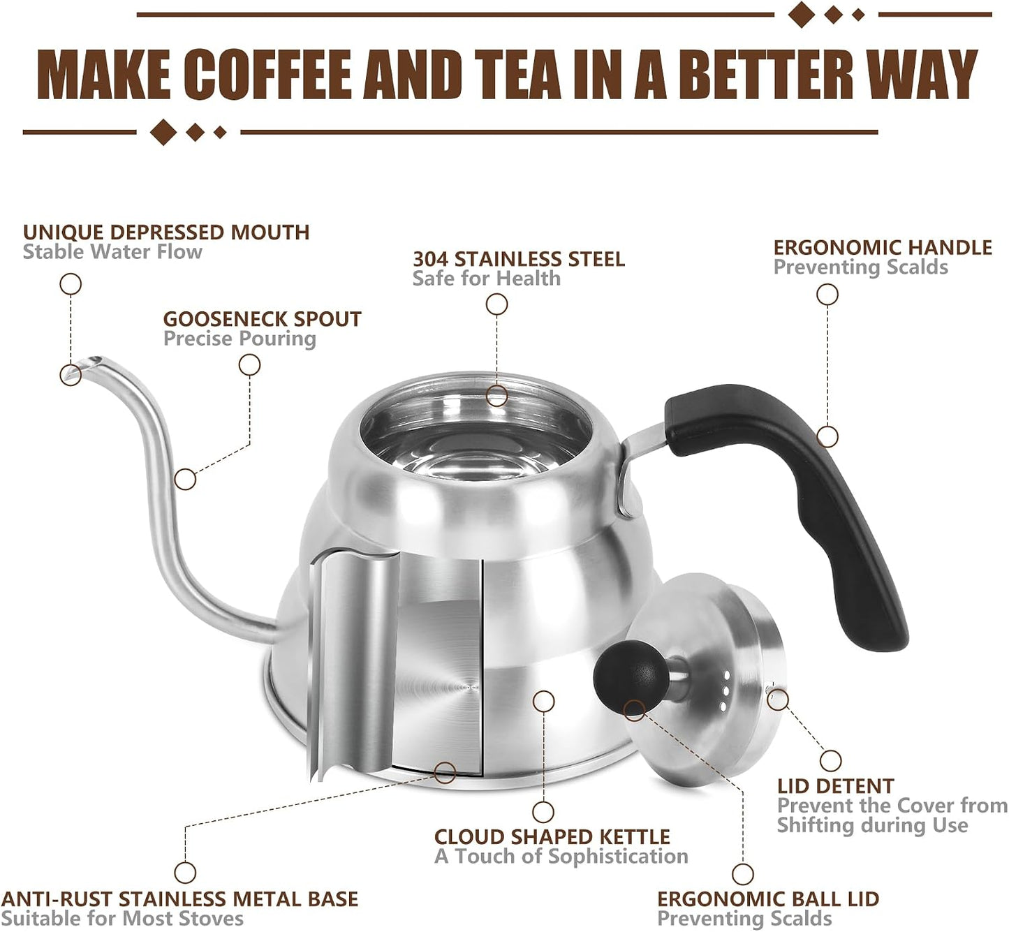 Tea Kettle for Stove Top,Without Thermometer,Silver Manual Drip Coffee Pour Over Kettle,28 oz