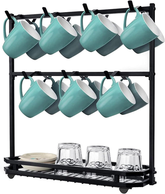 FANGSUN Large Coffee Mug Holder Stand Countertop, Tree Rack for 14 Mugs, 2 Tier Counter Display Storage, Metal Wire Tea Cup