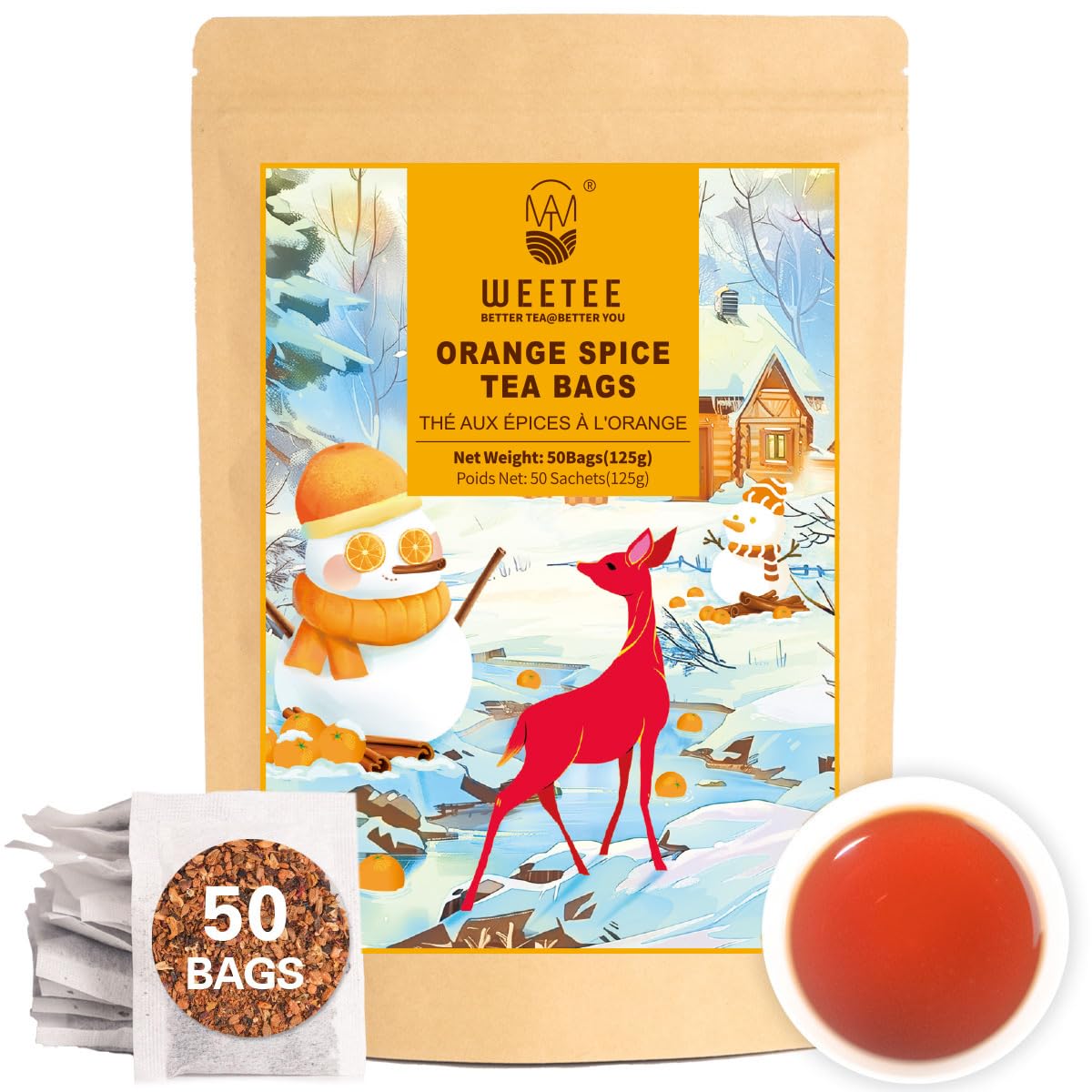 WT WEETEE Orange Spice Herbal Tea Bags 50count, Caffeine-free w/o Black Tea | Warming Winter Blend Perfect for Holidays, Hot or Iced, Sweet Spiced Citrus Tea with Cinnamon, Clove, Hibiscus &amp; Orange Peel