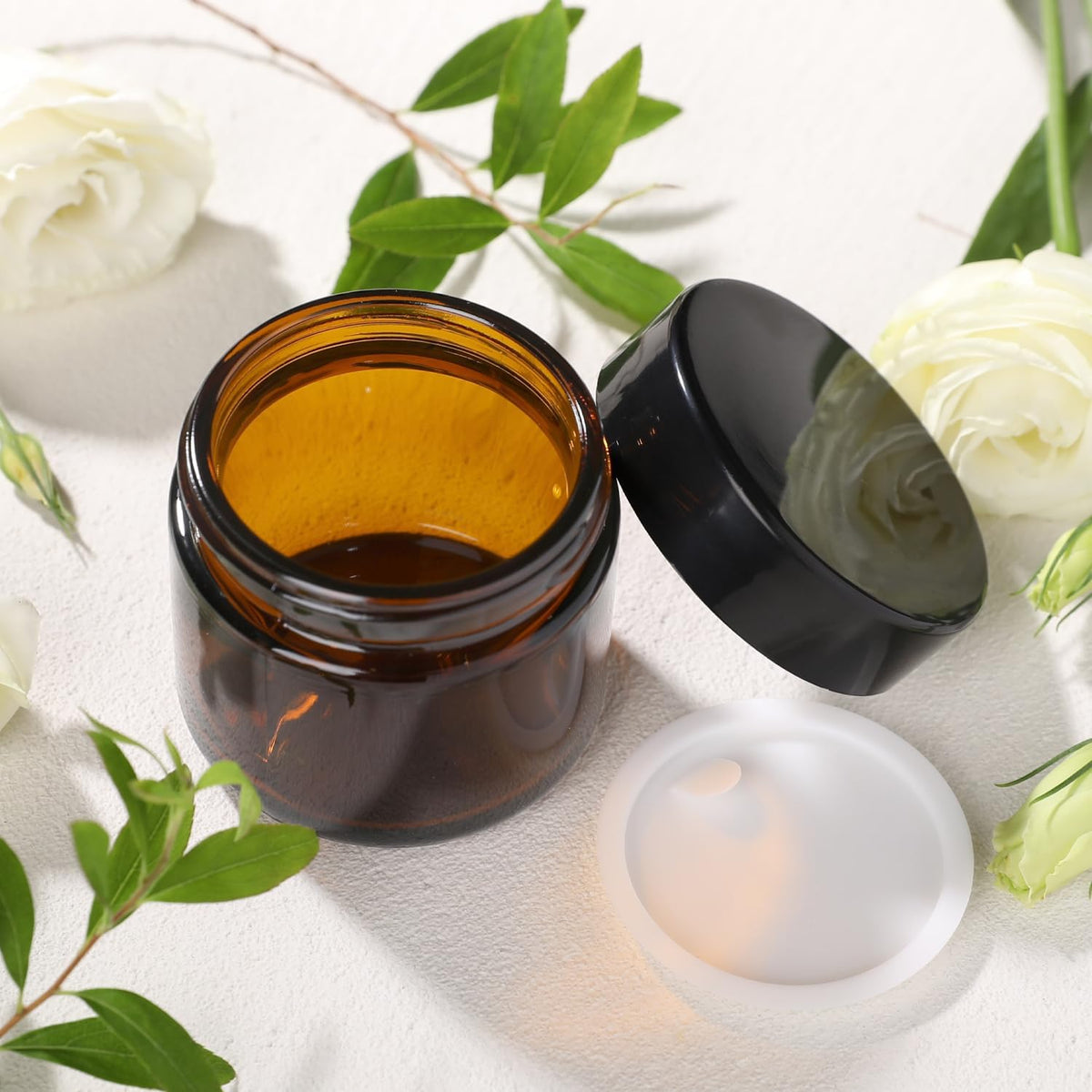2oz Glass Cosmetic Jars With Lids 3pcs Small Makeup Containers(2 OZ, Amber)