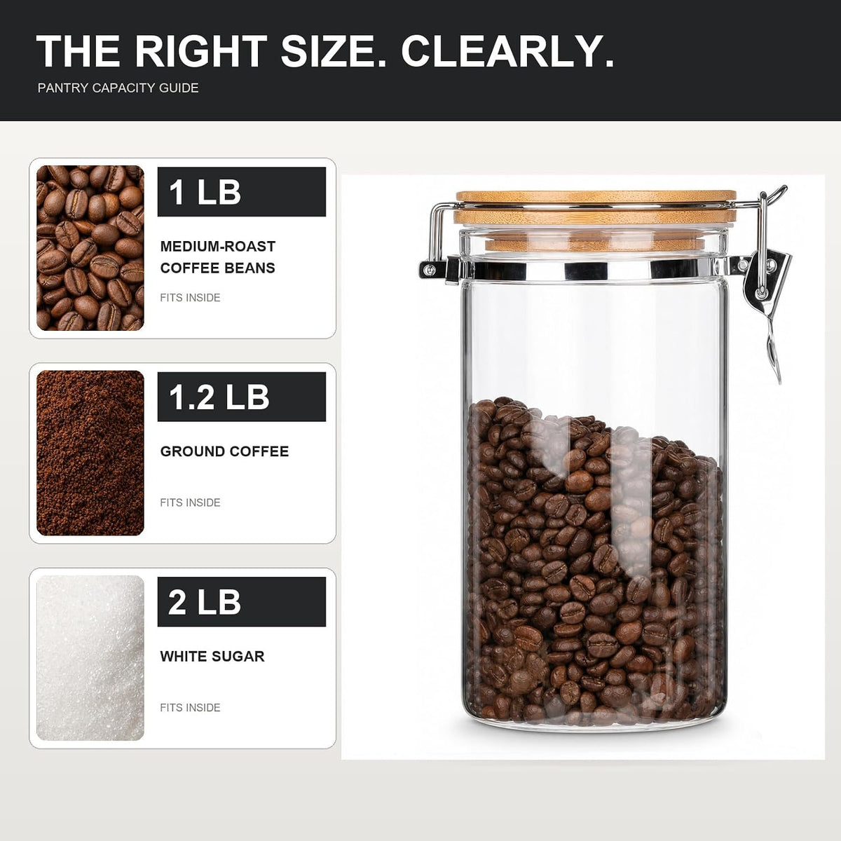 KKC HOME ACCENTS 40 oz Glass Coffee Container (Holds 1 lb Coffee Beans) with Airtight Bamboo Lid - Clear Coffee Jar Canister for Grounds Storage, Aesthetic Kitchen Counter Decor