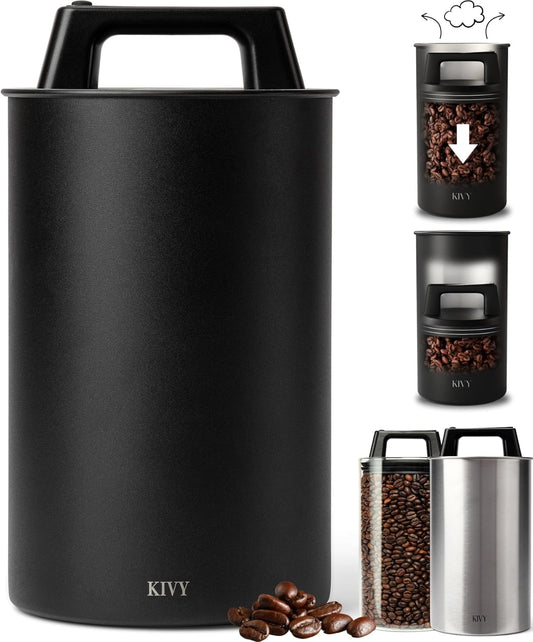 KIVY Vacuum Coffee Canister (Large) - Push Lid Preserves Aroma & Oil - Stainless Steel Airtight Canister - Container for