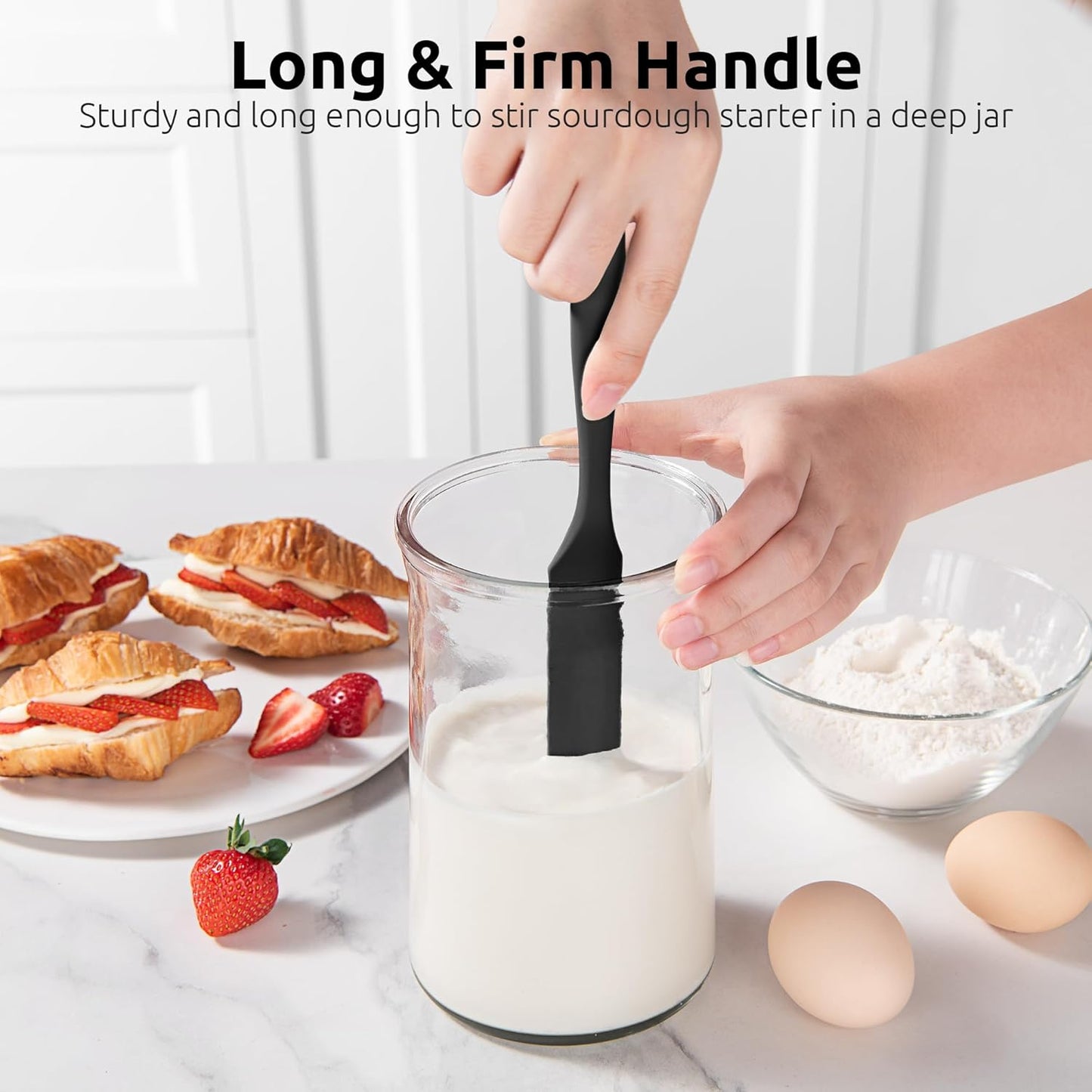 U-Taste Skinny Silicone Jar Spatula: 600ºF Heat-Resistant Food-Grade 10in Long Narrow Sourdough Stirring Stick, Seamless Flexible Peanut Butter Spreader for Scraping Icing Bread Cream, Jam (Black)