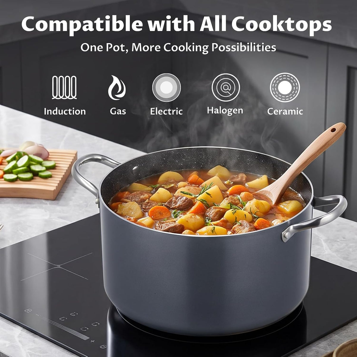 BEZIA 12 Quart Cooking Pot, Large Non Stick Induction Stock Pots with Lid, All Stove Compatible, 12 QT Aluminum Soup/Stew Pot For Big Gatherings, Grey