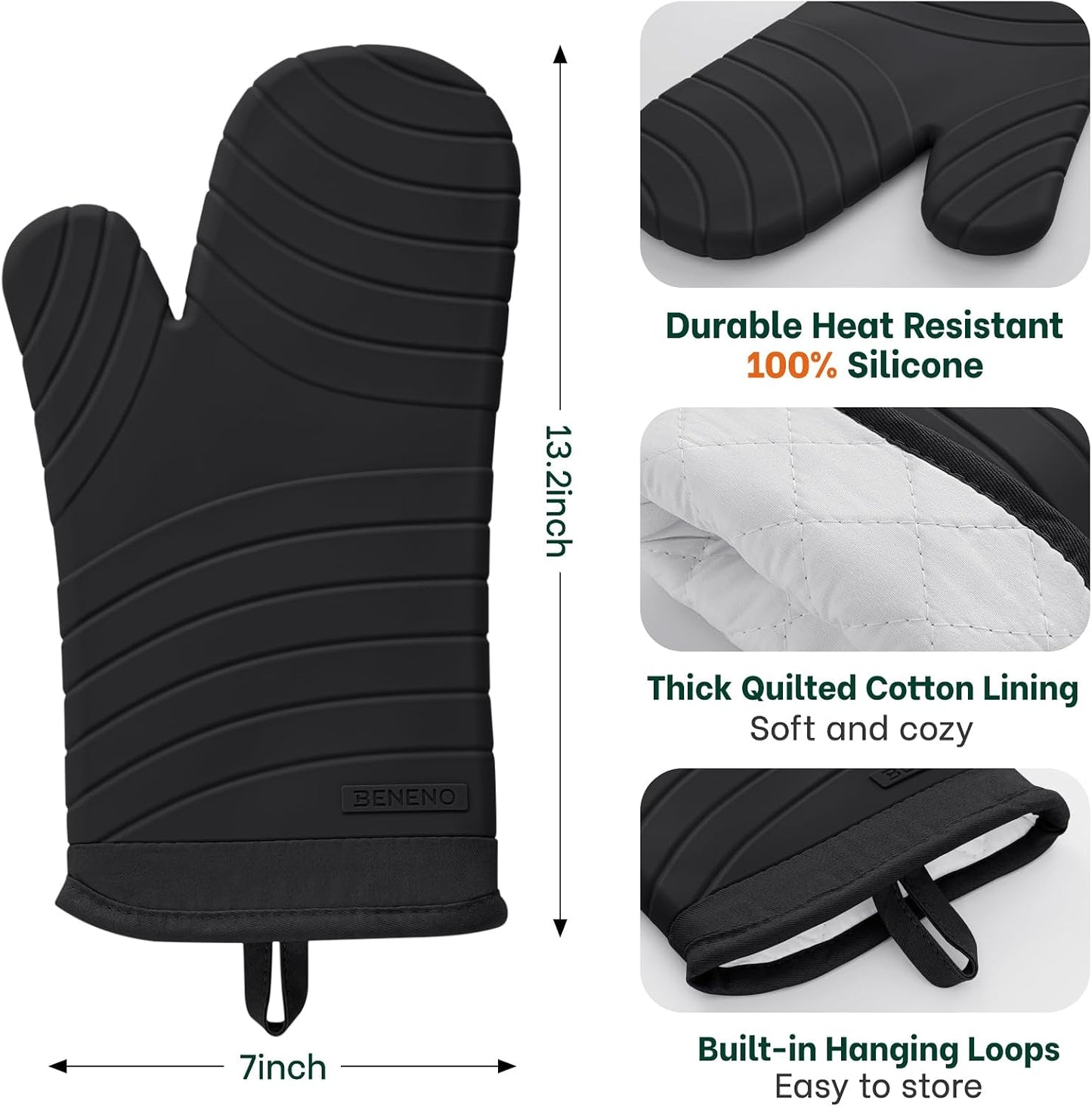 Beneno BPA-Free Silicone Oven Mitt 2-Pack Set, 7"x13", Black | Heat Resistant 500°F Oven Mitts with Non-Slip Grip, Soft Thicker Lining