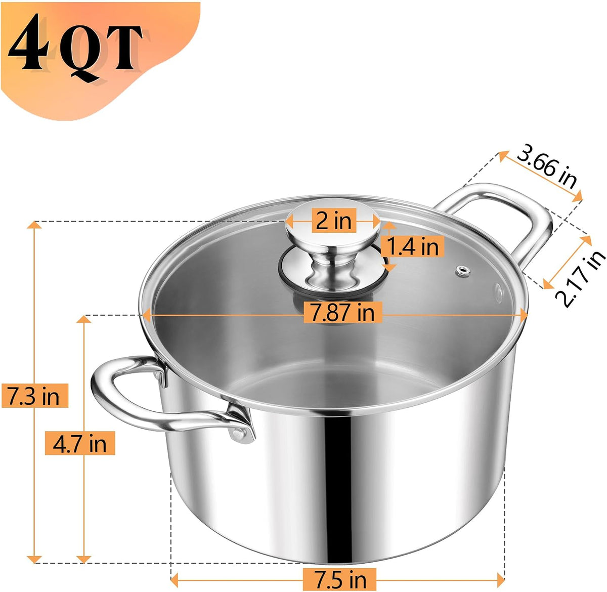 P&P CHEF 4 Quart Tri-Ply Stainless Steel Stock Pot, 4 Qt Stockpot Pasta Cooking Pot with Visible Lid for Soup Vegetable, Induction Cookware for All Stoves, Sturdy & Double Handle, Dishwasher Safe