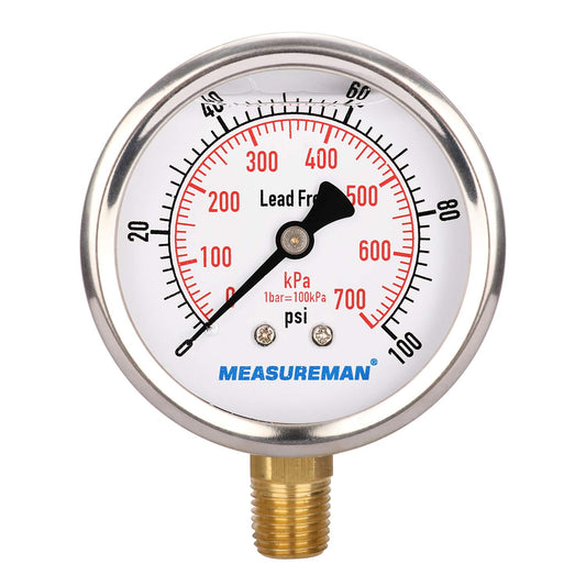 MEASUREMAN Lead-Free Pressure Gauge, 2-1/2inch Dial, Glycerin Filled, 0-100psi/kpa, Stainless Steel Case, 1/4inchNPT Lower