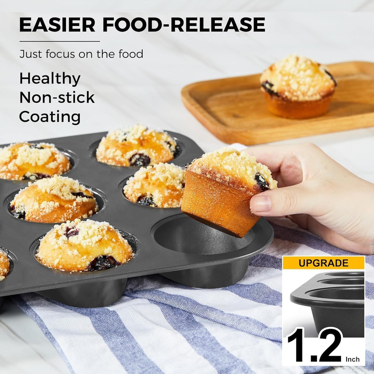 Non-Stick Muffin Pans, Cupcake Pan with Silicone Baking Cups, 2 Pack Non toxic Healthy Muffin tin, Heavy duty-Dark Grey