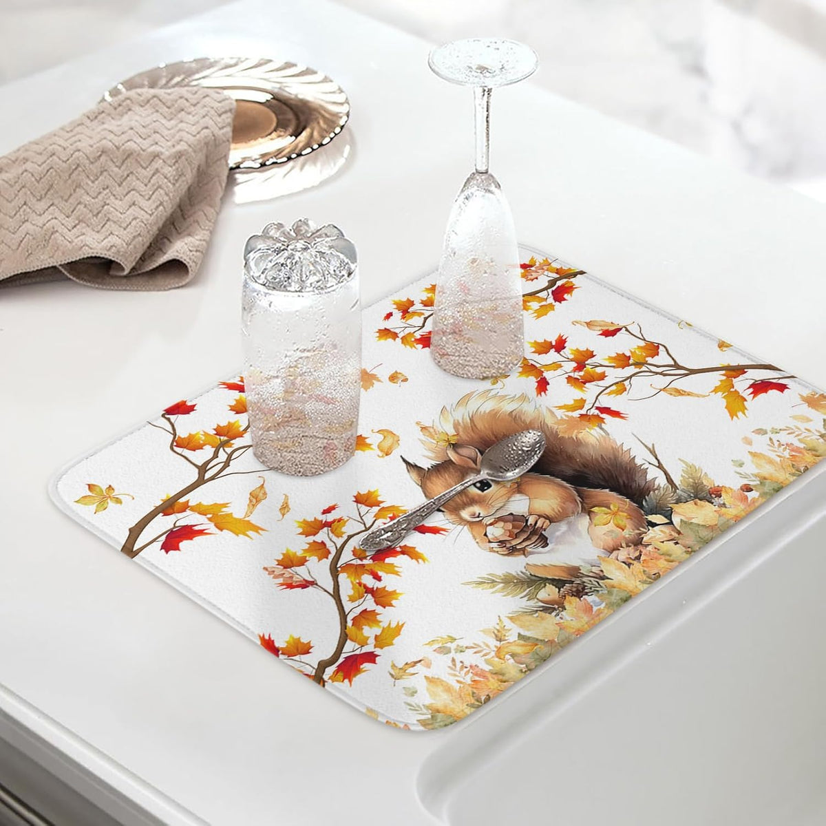 Fall Dish Drying Mat for Kitchen Counter Squirrel Drying Pad Absorbent Drying Mats for Countertops Sinks Draining Racks Pine Cone Autumn Maple Leaves Drainer Holiday Harvest Thanksgiving Decor 18x24