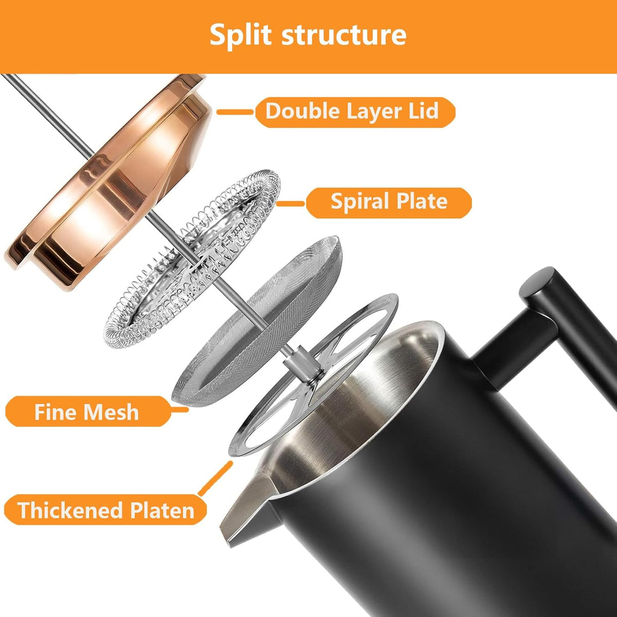 1500ml French Press Coffee Maker, Double Wall 304 Stainless Steel Insulated Cafetiere Coffee Press with 3 Layer Filter, Large Capacity Coffee Brewer for Home Camping Office