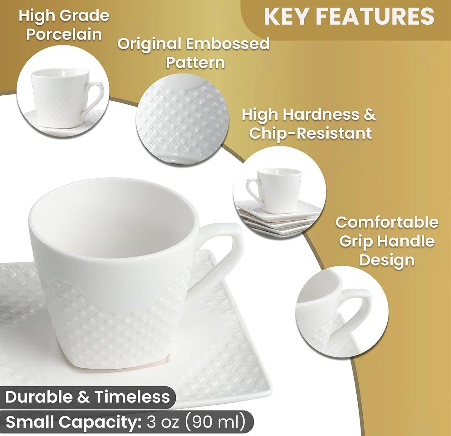 FUOCCI Turkish Coffee Cup Set of 6, Espresso Cups &amp; Saucer, 3 oz Porcelain