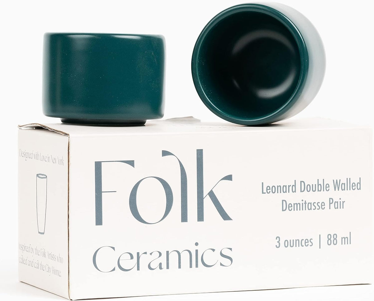 Folk Ceramics Leonard Ceramic Espresso Cups | Modern Stackable Demitasse Mugs for Espresso | Thick Walled, Handleless, Durable, Dishwasher & Microwave Safe | Set of 2, 3oz | Blue Emerald