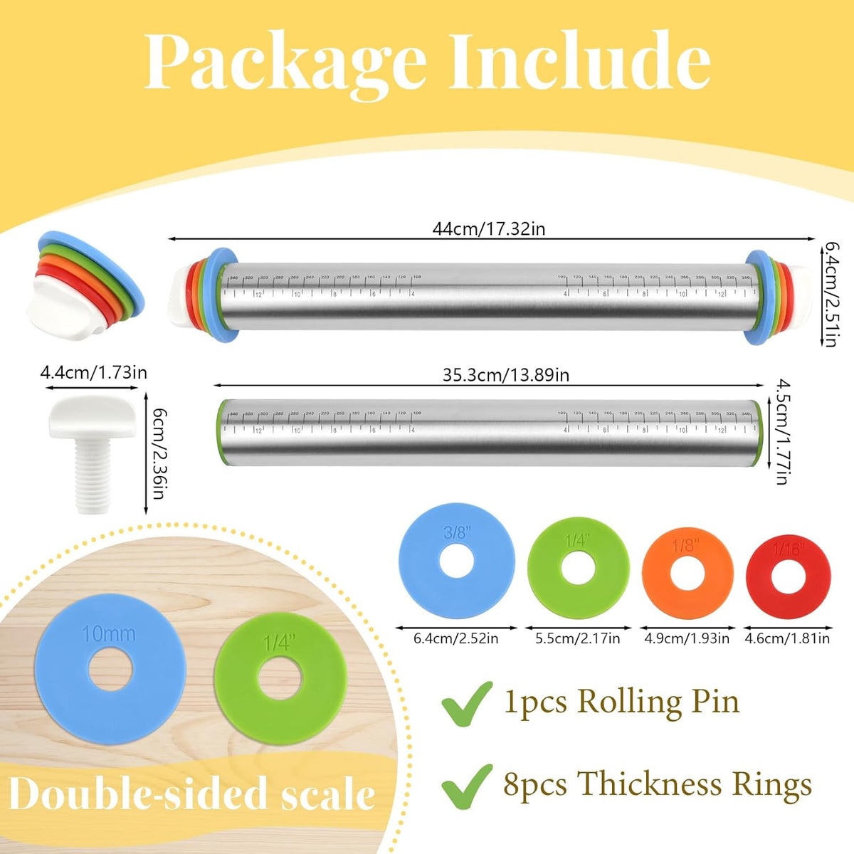 Adjustable Rolling Pin with 4 Thickness Rings for Baking