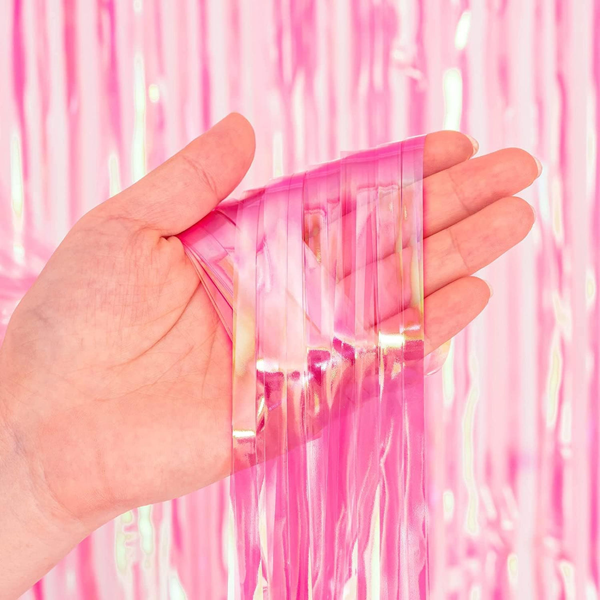 BRAVESHINE Clear Pink Streamers Party Curtain | Iridescent Fringe Backdrop | 2PCS 3.2x6.5ft Holographic Tinsel Curtain Photo Backdrop for Girls/Birthday/Bridal Shower/Bachelorette/Engagement Decorations