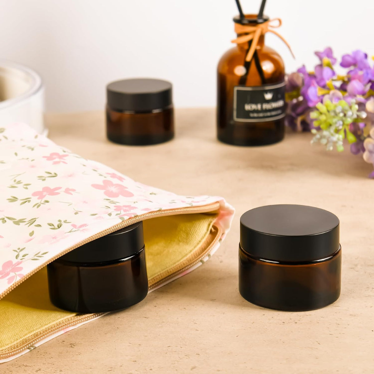 Glass Jars with Lids,Eco-Friendly Cosmetic Containers with Airtight Black Lids &amp; Liners, Multi-Color Options for Cream, Lotion, Body Butter, DIY Skincare Travel Jars (Amber, 2oz)