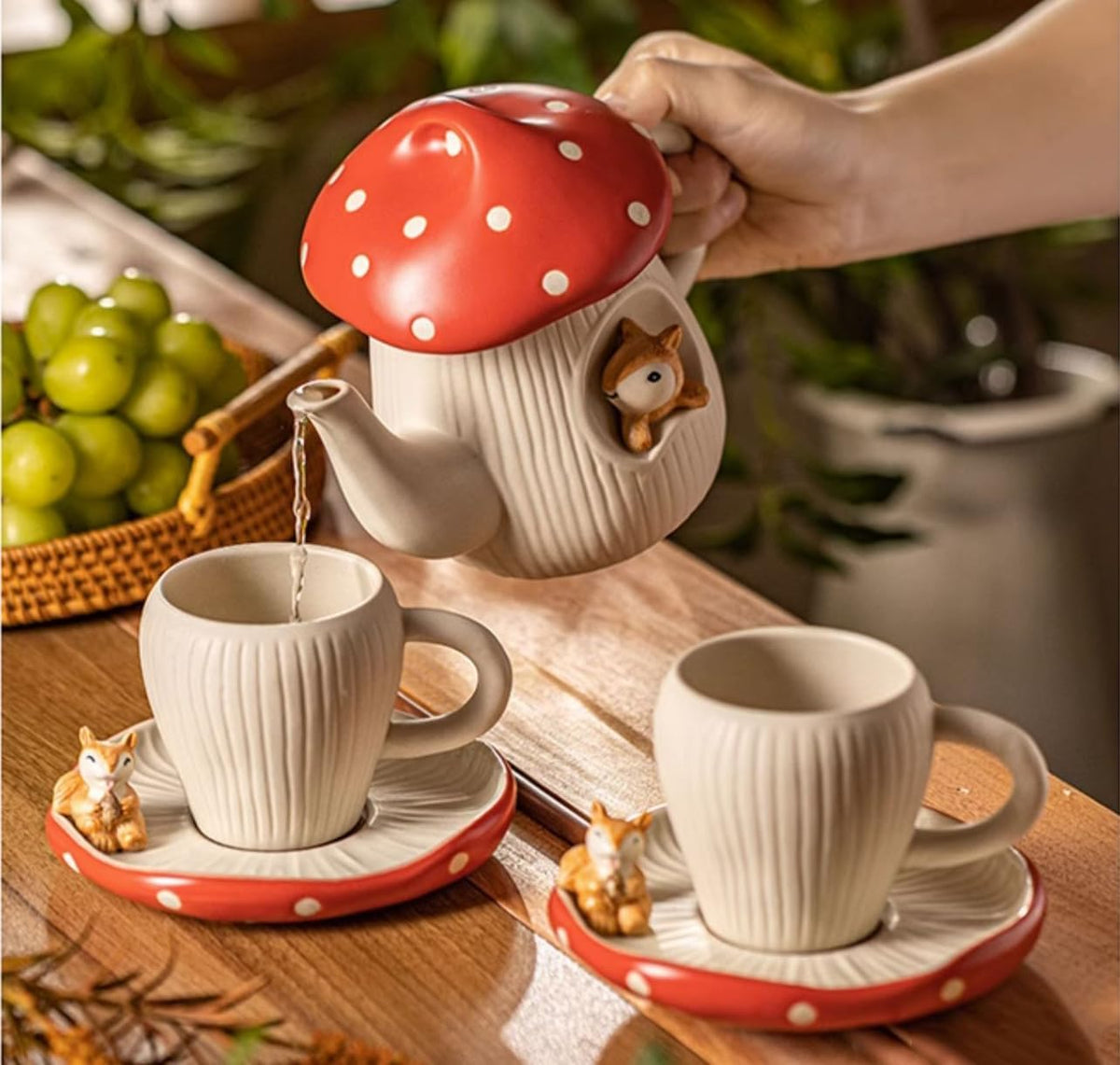 Cute Mushroom Mug with Saucer, Handmade Glaze Polka Dot, with Squirrel Decoration on the Plate. Safety Matt Ceramic Coffee Cups, 11 oz Cartoon Tea Cup. Best Gifts for Women &amp; Girls.
