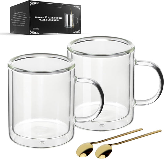 LIBWYS 12oz Double Wall Coffee Mugs (2 Pack) - Insulated Borosilicate Glass Cups with Handle for Espresso, Cappuccino, Latte