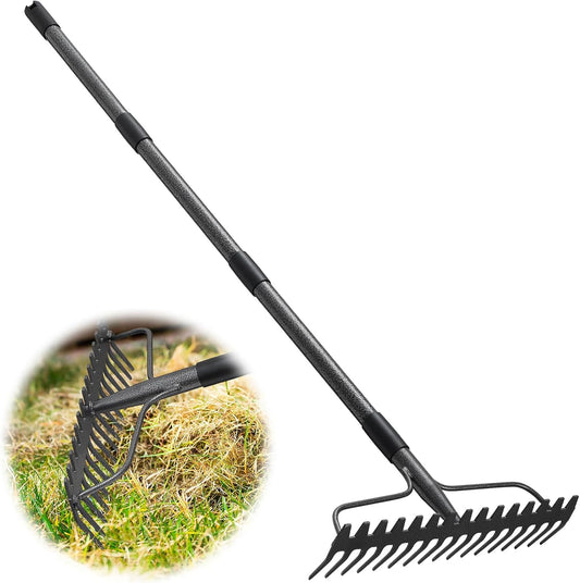 Garden Leaf Rake with 77 Inch Handle, Heavy Duty 17 Inch Wide Metal Garden Lawn Rake for Loosening Soil Raking Leaf Leveling