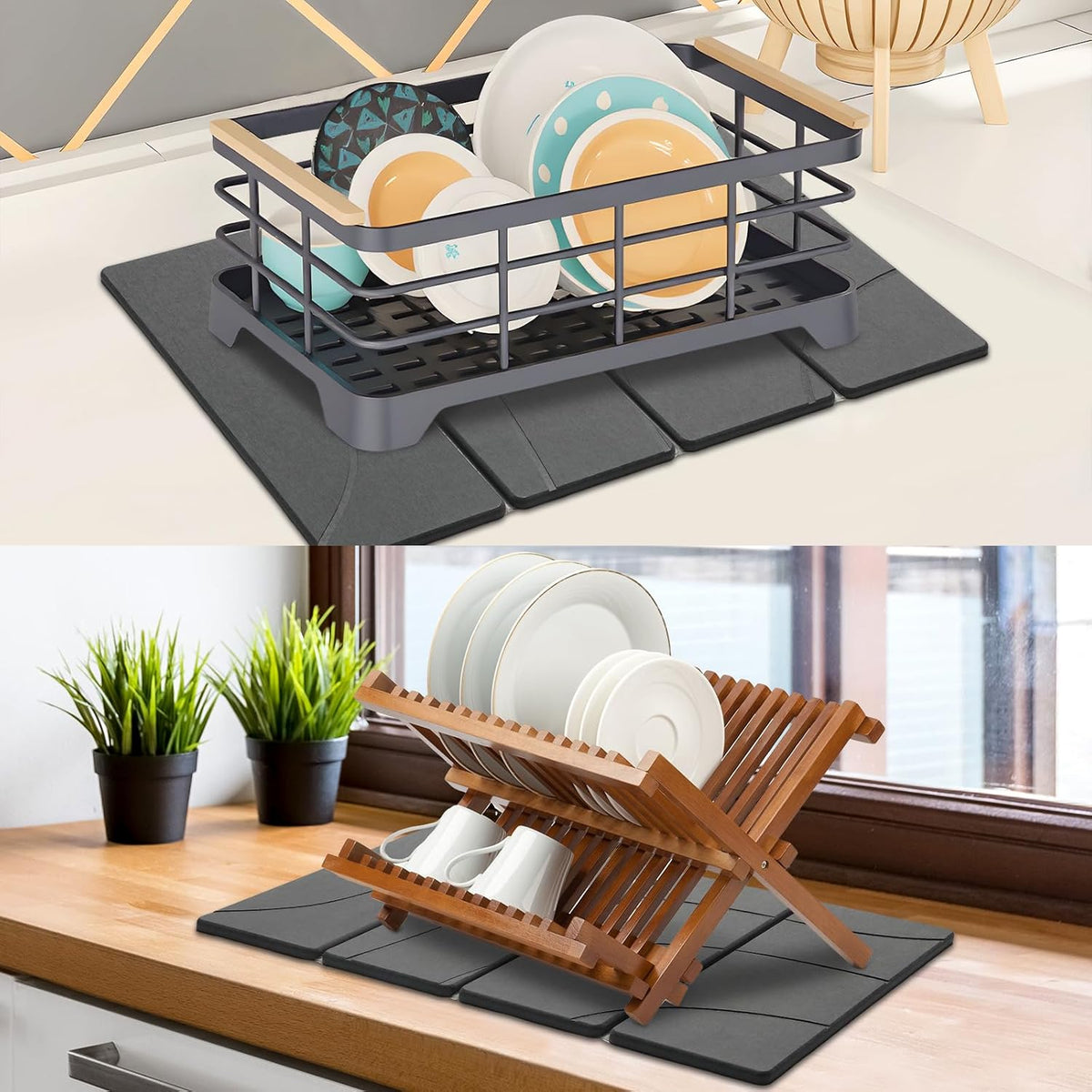 Large Stone Dish Drying Mat for Kitchen Counter, 2 PCS Quick Dry Stone Mats, Foldable Water Absorbing Diatomaceous Earth Drying Dishes Pad for Countertop Bottle Utensil Cup(Carved Gray 24"x16"&amp;8"x4")