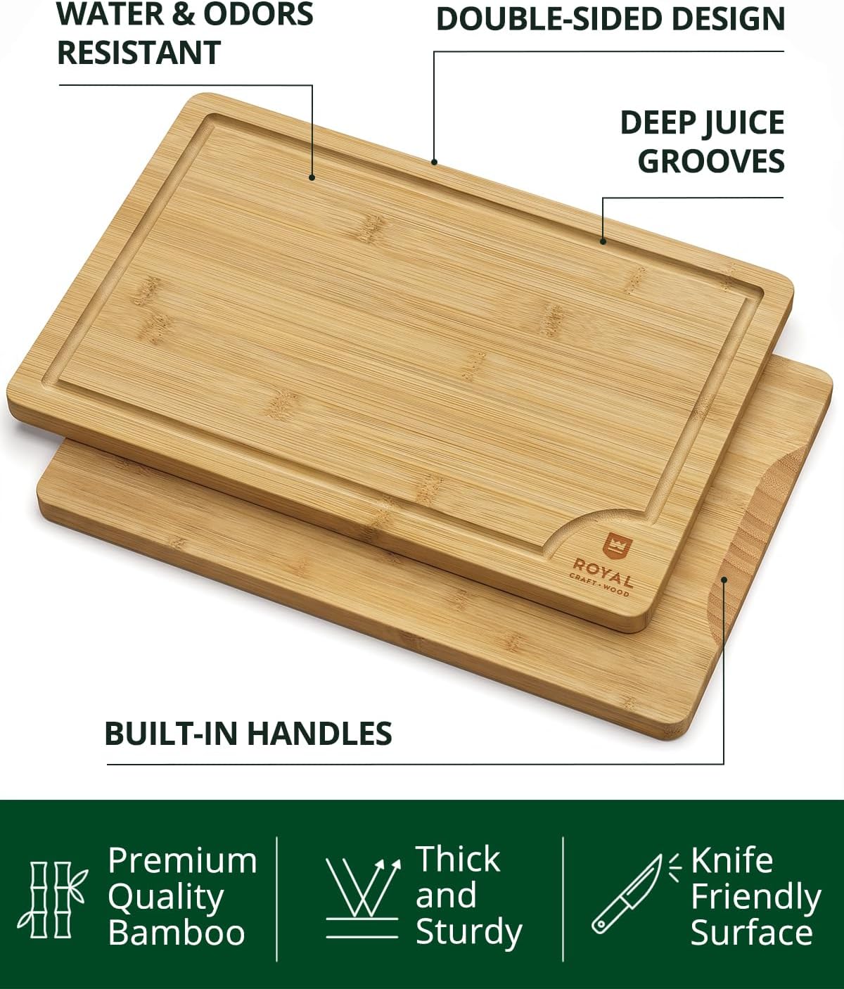 ROYAL CRAFT WOOD Wooden Cutting Boards for Kitchen Meal Prep &amp; Serving - Bamboo Wood Serving Board Set with Deep Juice Groove Side Handles - Charcuterie &amp; Chopping Butcher Block for Meat