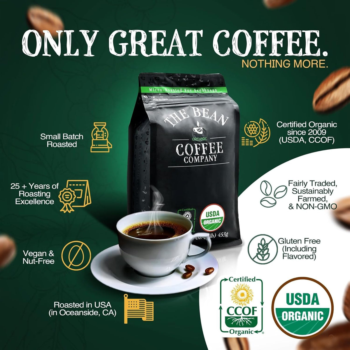 The Bean Organic Coffee Co. Vanilla Cinnamon Spice, Ground, 2 x 1 lb | Sweet vanilla, warm cinnamon, and baking spice. Organic ground coffee. Medium Roast. 2 x 1 lb.