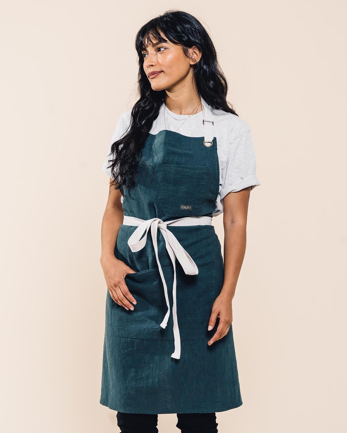 Caldo Linen Kitchen Apron - Mens and Womens Linen Bib Apron - Adjustable with Pockets (Spruce)