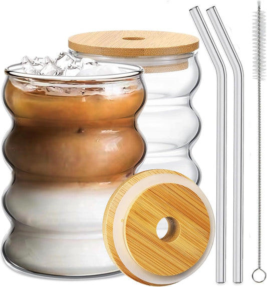 2 Pcs Drinking Glasses with Bamboo Lids and Glass Straw 14oz Glassware Set,Cocktail Glasses,Iced Coffee Glasses,Beer