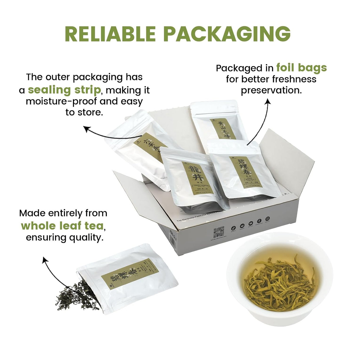 iTeaworld 4 Styles Chinese Green Tea Sampler, Beginner Tasting Kit (2.01oz) | Up to 160 Cups|Longjing,Biluochun,Lu'an Guapian,Huangshan Maofeng|Low Bitterness|Easy Mug Brewing