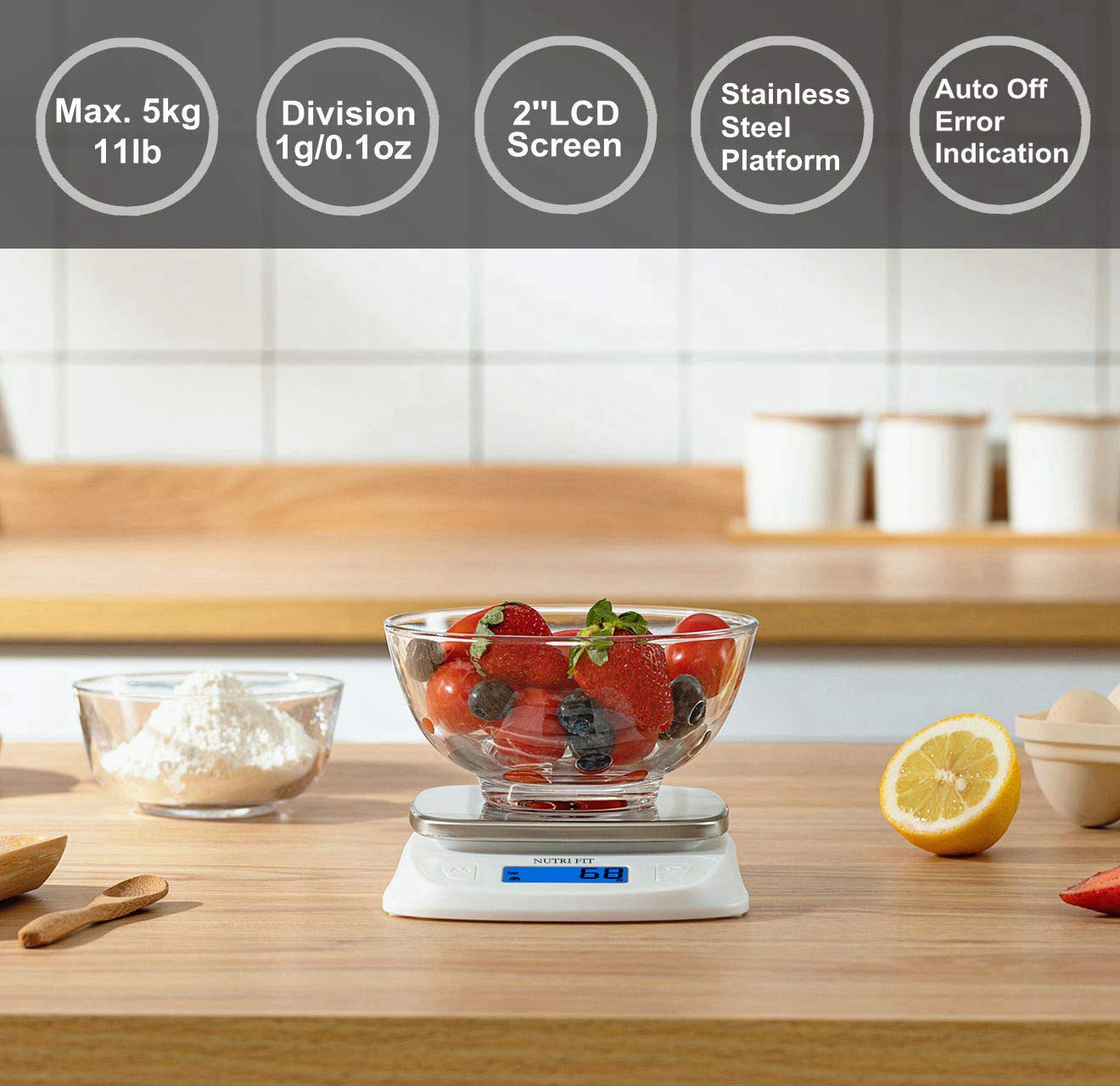 NUTRI FIT Food Kitchen Scale Digital Grams and Ounces Ultra Slim Scale Portable for Baking Cooking Camping Stainless Tare Auto Off Backlit Large LCD Display 11lb/5kg-White