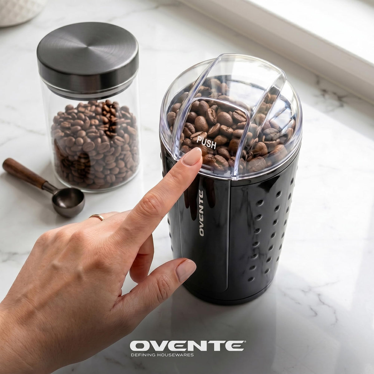 OVENTE Electric Coffee Grinder with One Touch Push-Button, Black CG225B
