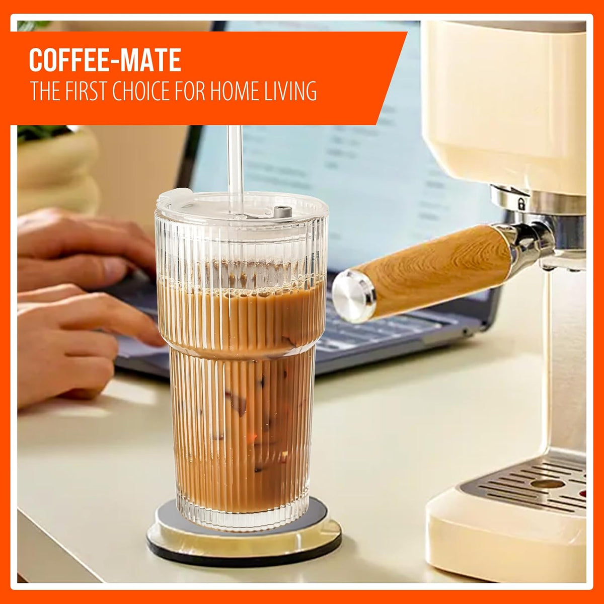 SUROQUE 20oz Ribbed Glass Tumblers with Lids &amp; Straws, Ideal for Iced Coffee, Cocktails &amp; More - Includes Cleaning Brush