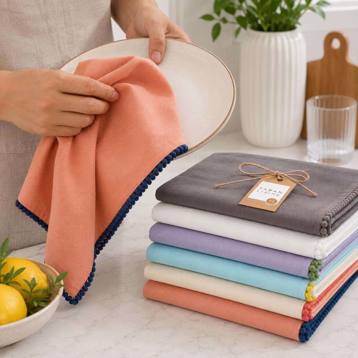 Kitchen Towels 100% Cotton Solid Kitchen Dish Cloths, Kitchen Hand Towel Reusuable Dish Towel for Cleaning &amp; Drying Tea Towels Set with Hanging Loop - 18"x 28", Pack of 6 Pastel Colors