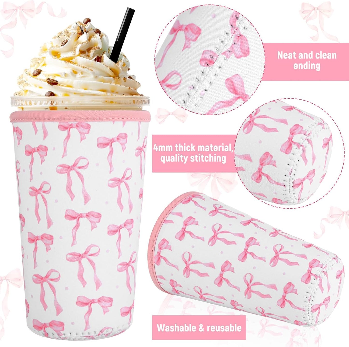 Silifine 8 Pcs Pink Bow Iced Coffee Sleeve Reusable Neoprene Insulatord Cup Sleeve Coquette Bow Reusable Coffee Insulator Sleeves Holder for Cold Beverages Cups Cold and Hot Drinks, 22-24 oz