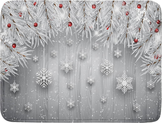 Giwawa 18"x24" Winter Snowflakes Dish Drying Mat Christmas Holly Berries Silver Falling Snow Dish Drainer Mats Absorbent