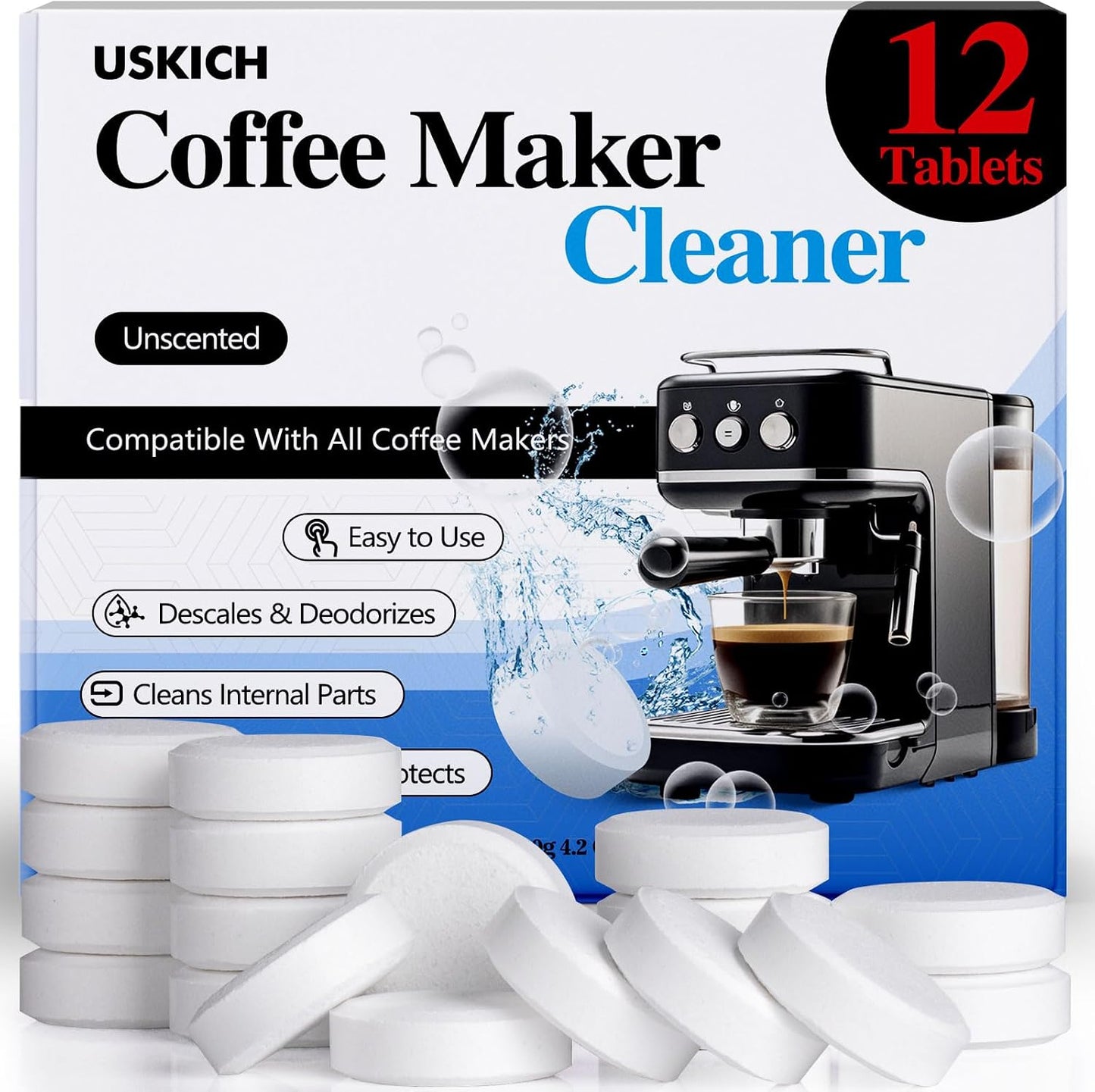 Coffee Machine Cleaner Descaler Tablets 12 Pack, Coffee Maker Cleaner for Keurig, Ninja, Breville, Delonghi, Nespresso, Miele,Espresso Machine Cleaning Tabs,Descaling Solution for Coffee Pot Maker