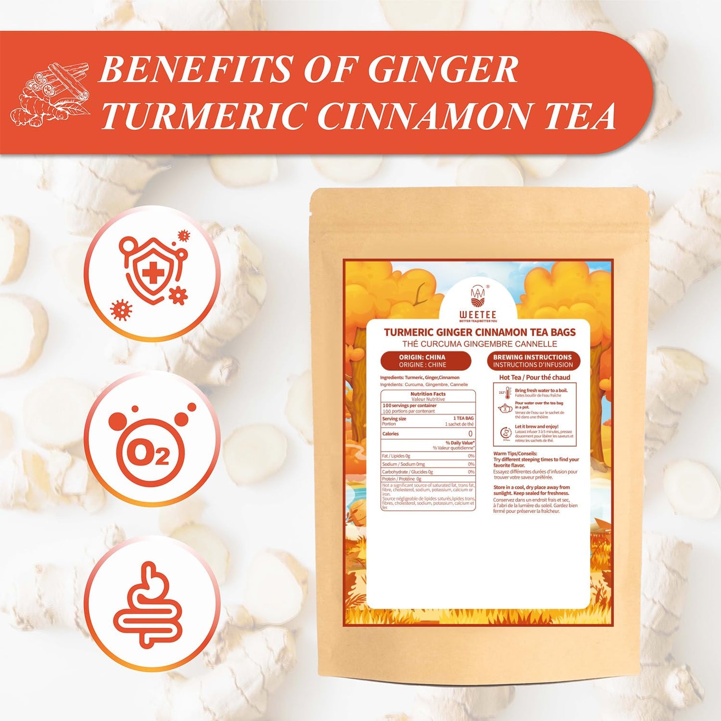WT WEETEE Turmeric Ginger Cinnamon Tea Bags 100 Count, Smooth Earthy Blend | Caffeine-Free Infusion with Real Turmeric, Spicy Ginger &amp; Sweet Cinnamon | Antioxidant-Rich Daily Tea, Enjoy Hot or Iced