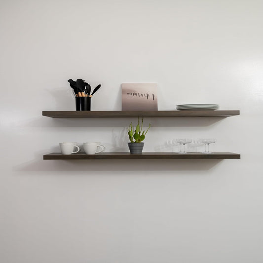 URBANDI, Rustic Floating Shelves, Set of 2, Hidden Bracket, Solid Wood, Heavy Duty, Wall Mounted Shelves, (Grey, 24Wx6D)