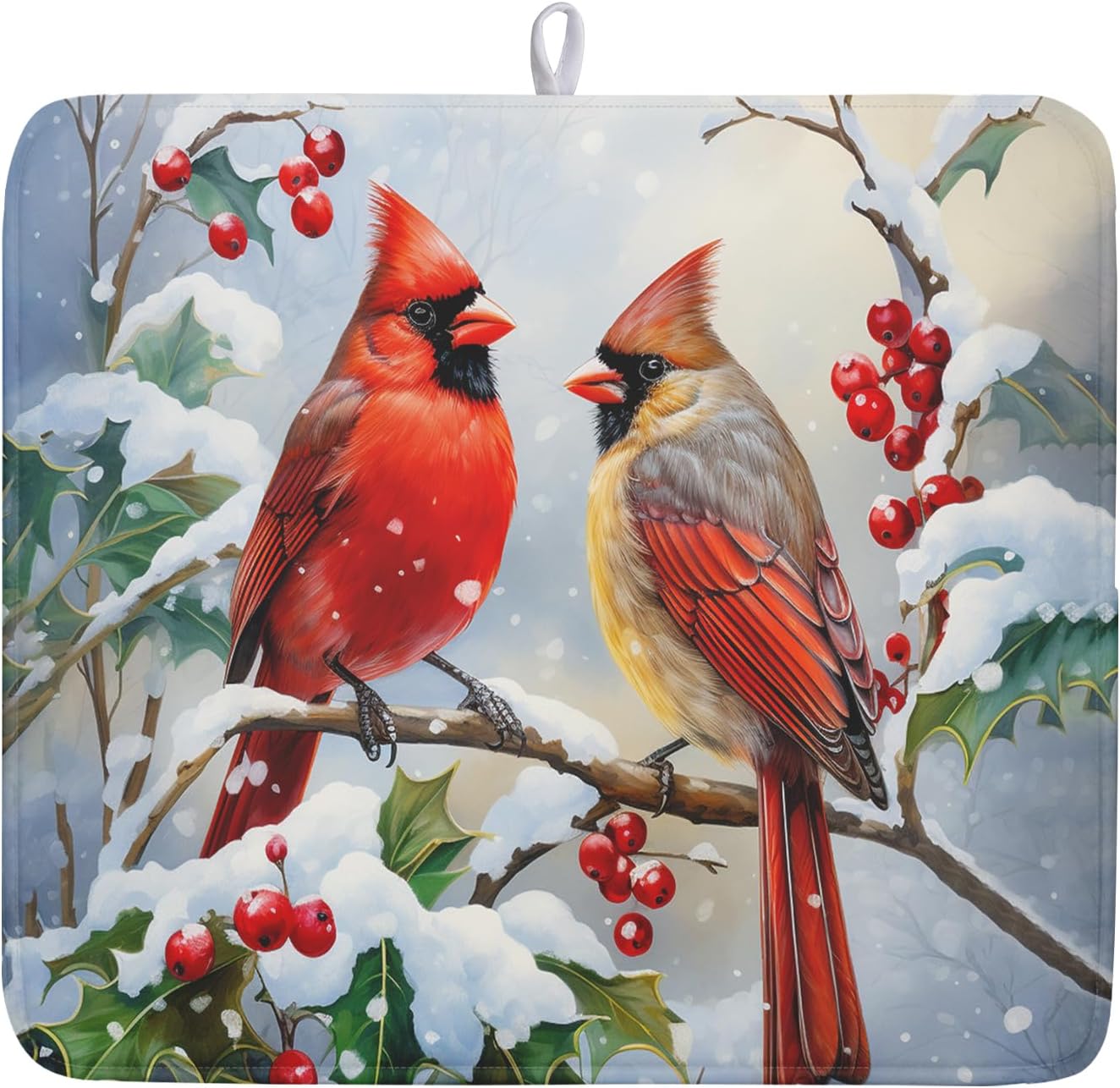 Winter Cardinal Birds Dish Drying Mat, Holly Berry Branches Dish Drying Mat for Kitchen Counter, Red Birds Absorbent Fast Dry Dish Drainer Mat Protector Xmas Microfiber Dish Drying Pad 16x18 Inch