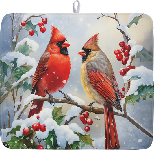 Winter Cardinal Birds Dish Drying Mat, Holly Berry Branches Dish Drying Mat for Kitchen Counter, Red Birds Absorbent Fast Dry Dish Drainer Mat Protector Xmas Microfiber Dish Drying Pad 16x18 Inch